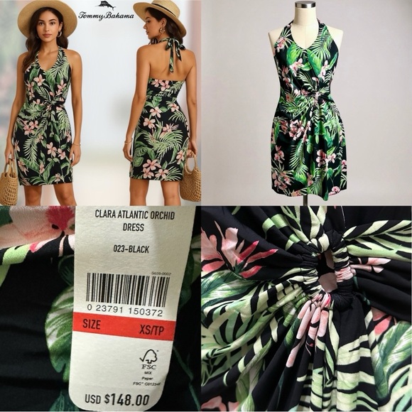 238 Tommy Bahama | NWT $148 Black Green Tropical Floral Halter Dress (Size XS) - Picture 1 of 16